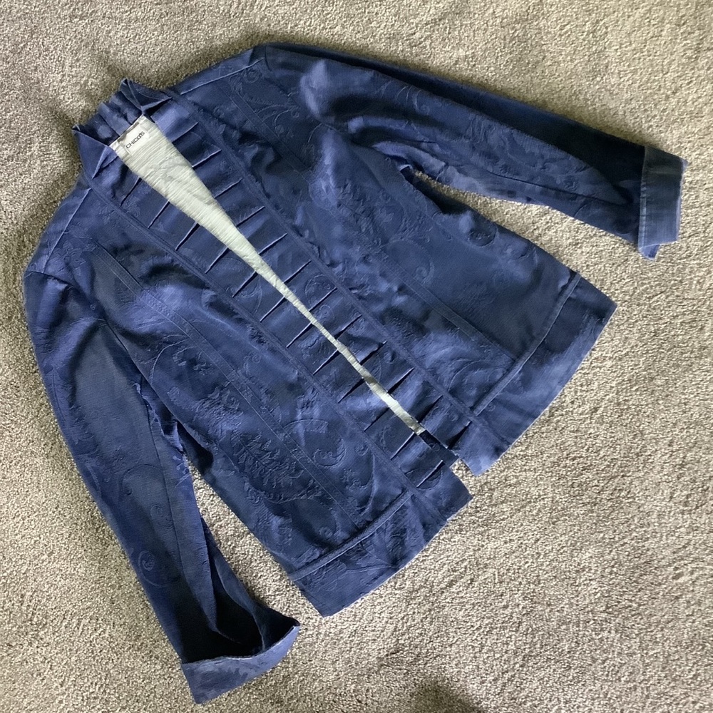 Chico’s Ruffled Jacket Blue Floral Pattern - Picture 2 of 8